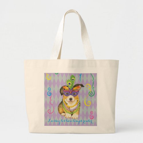 Mardi Gras Pembroke Welsh Corgi Large Tote Bag