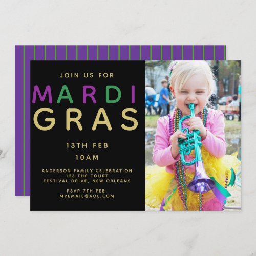 Mardi Gras Photo Invitation _ Modern Purple Green