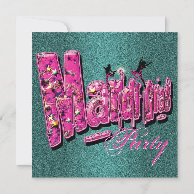 Mardi Gras pink teal party invitations (Front)