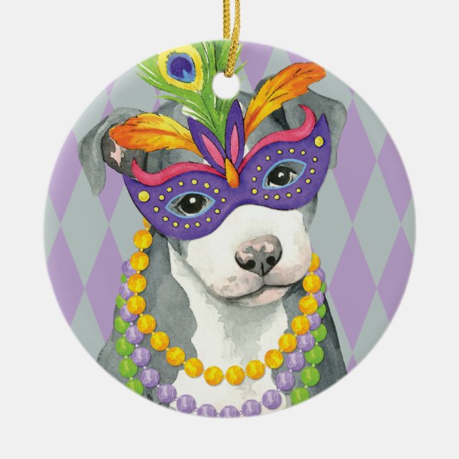 Mardi Gras Pit Bull Terrier Ceramic Ornament (Front)