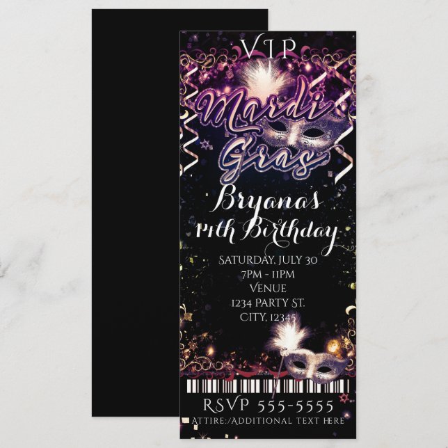 Mardi Gras Plum Gold VIP Birthday Party Ticket Invitation (Front/Back)