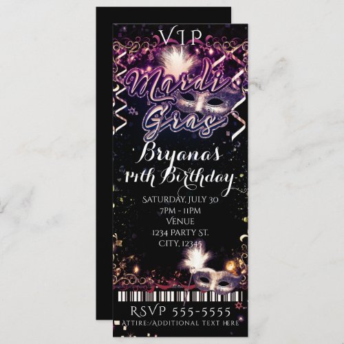 Mardi Gras Plum Gold VIP Birthday Party Ticket Invitation