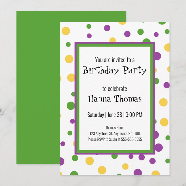 Mardi Gras Polka Dot Playful Birthday Invitation (Front/Back)