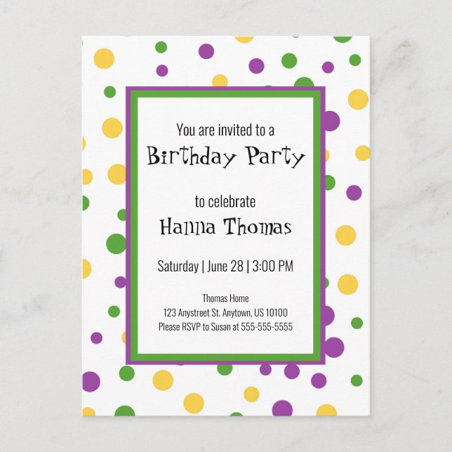 Mardi Gras Polka Dot Playful Birthday Invitation Postcard (Front)