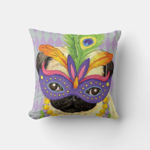 Mardi Gras Pug Throw Pillow
