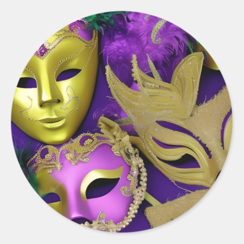 Mardi Gras Purple and Gold Masquerade Masks  Classic Round Sticker