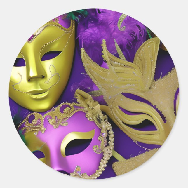 Mardi Gras Purple and Gold Masquerade Masks  Classic Round Sticker (Front)