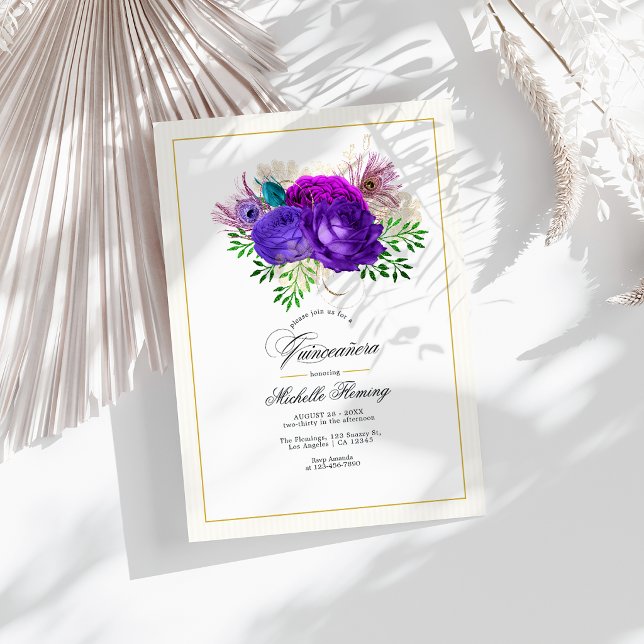 Mardi Gras Purple and Hot-Pink Floral Quinceañera Invitation (Mardi Gras Purple and Hot-Pink Floral Quinceañera Invitation)