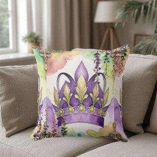 Mardi Gras Purple Crown Green & Gold Watercolor  Throw Pillow