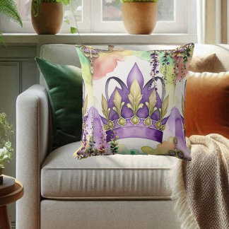 Mardi Gras Purple Crown Green & Gold Watercolor Throw Pillow