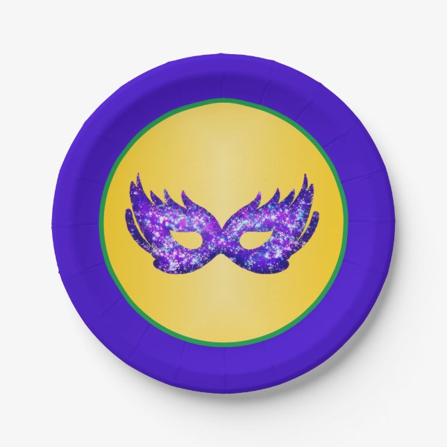 Mardi Gras Purple Glitter Mask Paper Plates (Front)