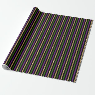 Mardi Gras Purple Green Black Faux Gold Stripes  Wrapping Paper