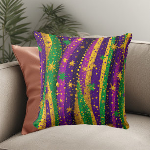 Mardi gras Purple Green Gold Stars Stripes Vibrant Throw Pillow