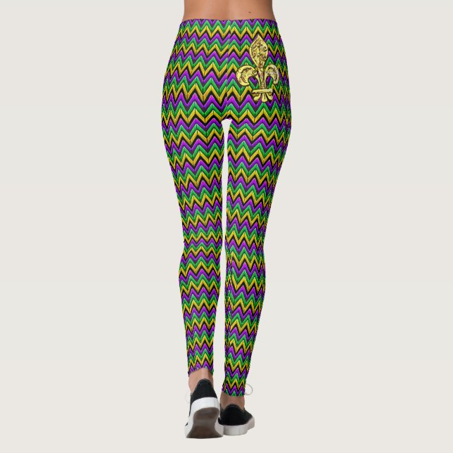 Mardi Gras Purple Green Gold ZigZag Stripes Leggings (Back)