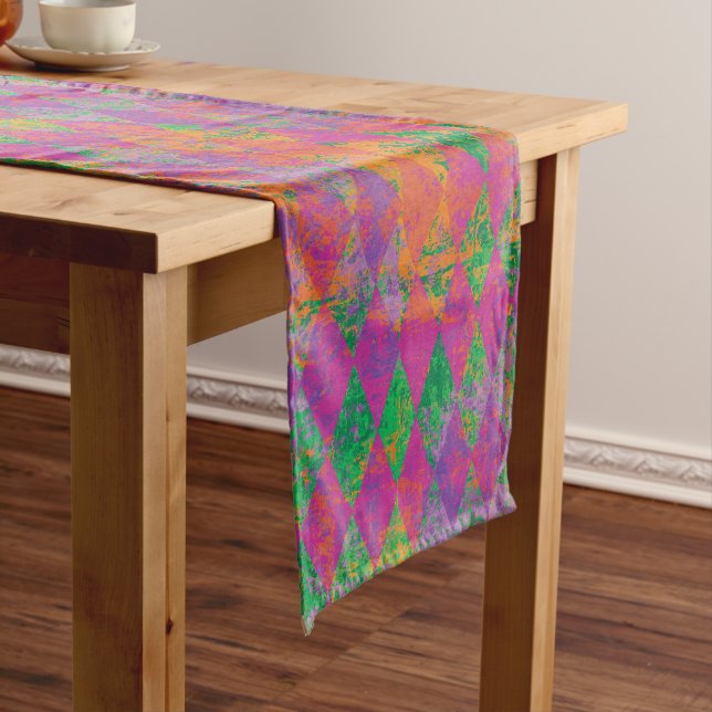 Mardi Gras Purple Green Harlequin Short Table Runner (In Situ)