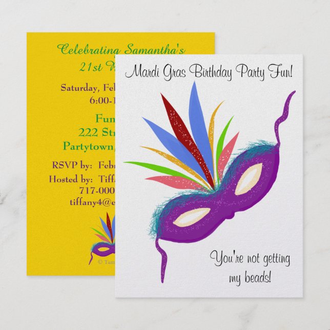 Mardi Gras Purple Mask Birthday Party Fun Invitation (Front/Back)