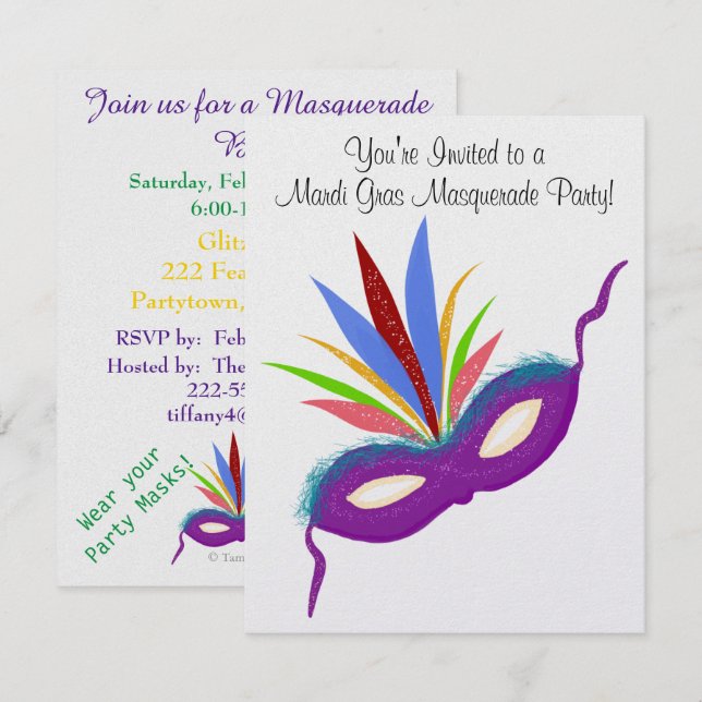 Mardi Gras Purple Mask Masquerade Ball Invitation (Front/Back)