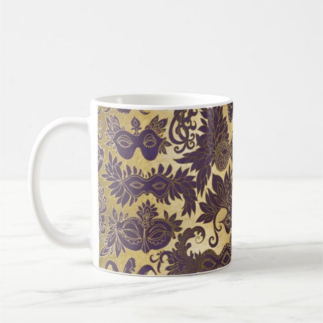 Mardi Gras Purple Masquerade Masks Faux Gold Coffee Mug (Left)