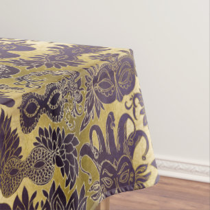 Mardi Gras Purple Masquerade Masks Faux Gold Tablecloth