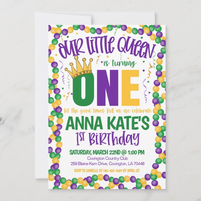 Mardi Gras Queen First Birthday Invitation (Front)