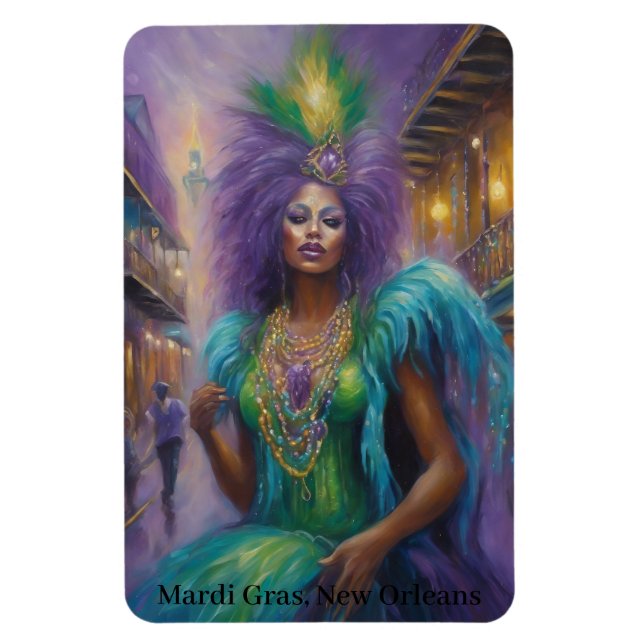 Mardi Gras Queen In Costume Feathers & Beads Text Magnet (Vertical)