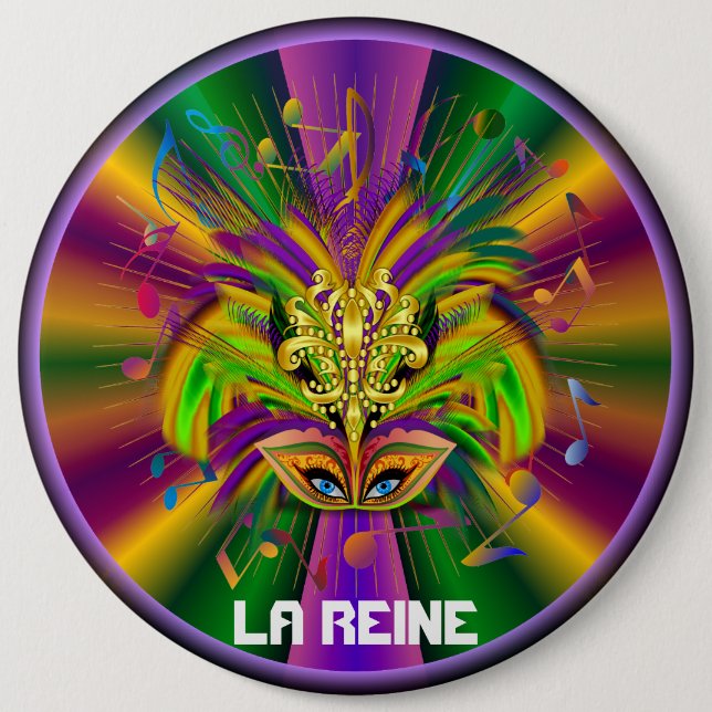 Mardi Gras Queen Style 3 View Notes Plse Pinback Button (Front)