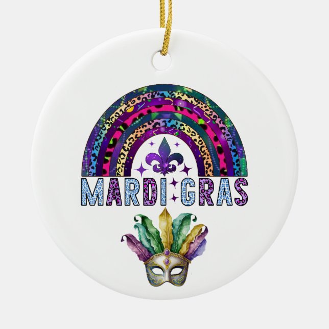 Mardi Gras Rainbow and Mask Ceramic Ornament (Front)