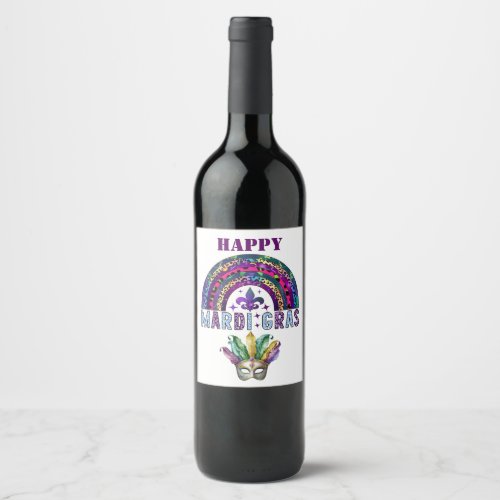 Mardi Gras Rainbow and Mask Wine Label