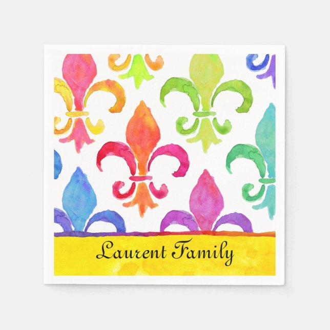 Mardi Gras Rainbow Fleur de lis Family Name Napkins (Front)