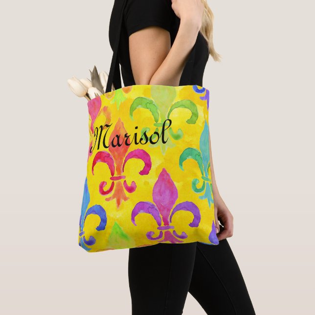 Mardi Gras Rainbow Fleur de lis Monogram Yellow Tote Bag (Close Up)