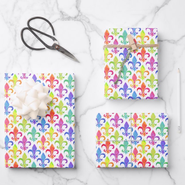 Mardi Gras Rainbow Fleur de lis Pattern Wrapping Paper Sheets (Front)