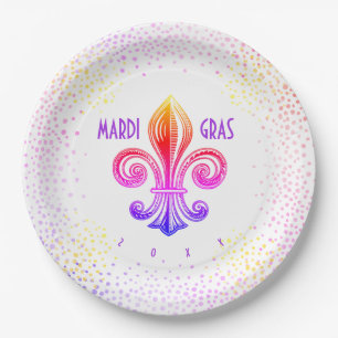 Mardi Gras Rainbow Fleur De Lis with Confetti Paper Plates