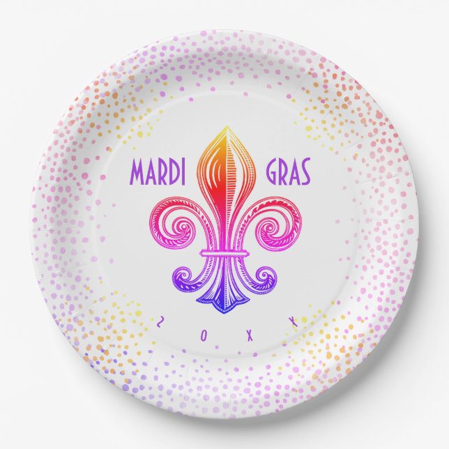Mardi Gras Rainbow Fleur De Lis with Confetti Paper Plates (Front)