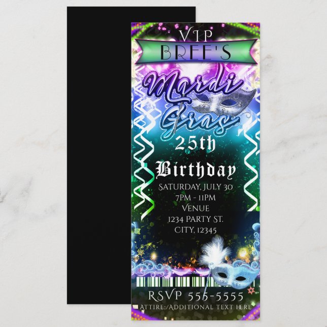 Mardi Gras Rainbow Glow VIP Birthday Party Ticket Invitation (Front/Back)