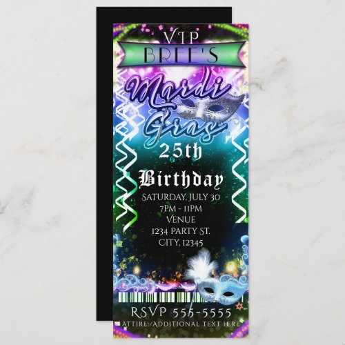 Mardi Gras Rainbow Glow VIP Birthday Party Ticket Invitation