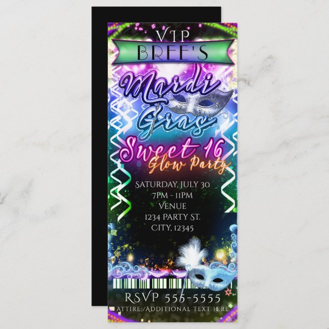 Mardi Gras Rainbow Glow VIP SWEET 16 Party Ticket Invitation (Front/Back)