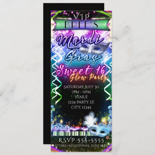 Mardi Gras Rainbow Glow VIP SWEET 16 Party Ticket Invitation