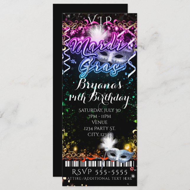 Mardi Gras Rainbow VIP Birthday Party Ticket Invitation (Front/Back)