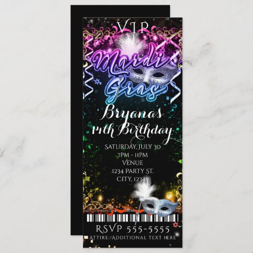 Mardi Gras Rainbow VIP Birthday Party Ticket Invitation