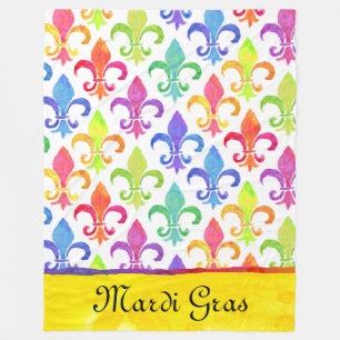 Mardi Gras Rainbow Watercolor Fleur de lis Pattern Fleece Blanket