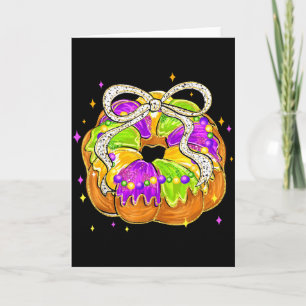 Mardi Gras Retro King Cake Coquette Bow Beads Carn Card