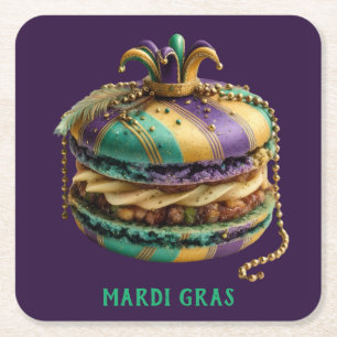 Mardi Gras Royal Macaron Square Paper Coaster