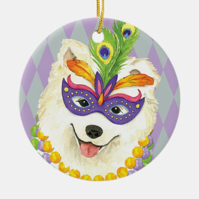 Mardi Gras Samoyed Ceramic Ornament (Front)