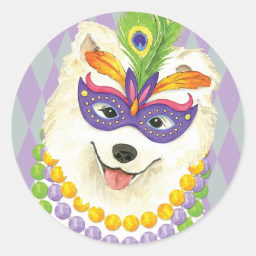 Mardi Gras Samoyed Classic Round Sticker