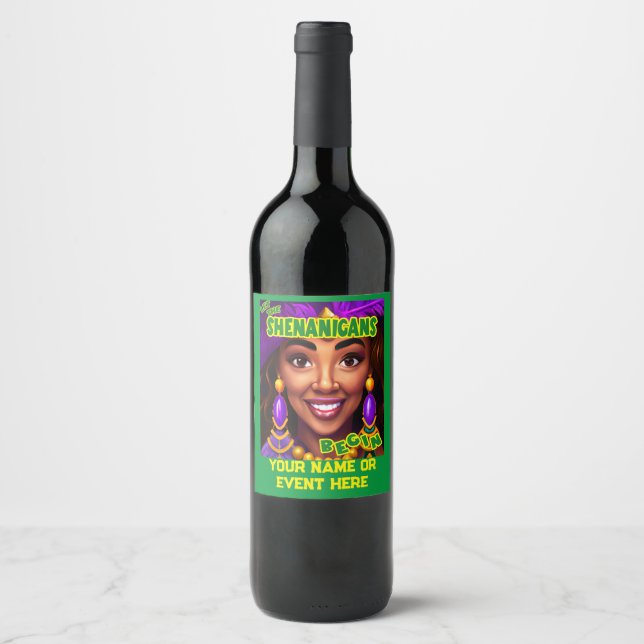 Mardi Gras Shenanigans Queen w Purple Feather Hat Wine Label (Front)