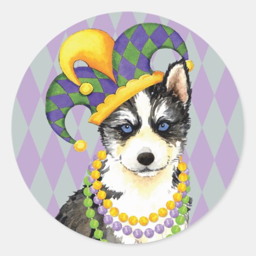 Mardi Gras Siberian Husky Classic Round Sticker