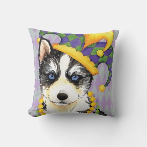Mardi Gras Siberian Husky Throw Pillow
