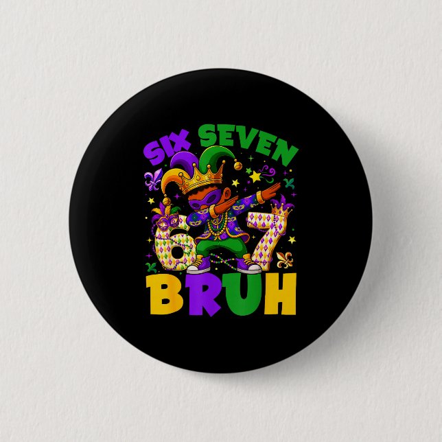 Mardi Gras Six Seven 67 Bruh Meme Dabbing Leprecha Button (Front)