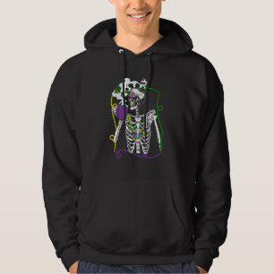 Mardi Gras Skeleton Drinking Coffee Mask Beads Fat Hoodie