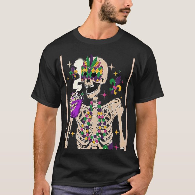 Mardi Gras Skeleton With Smiling Skull Drinking Co T-Shirt (Front)